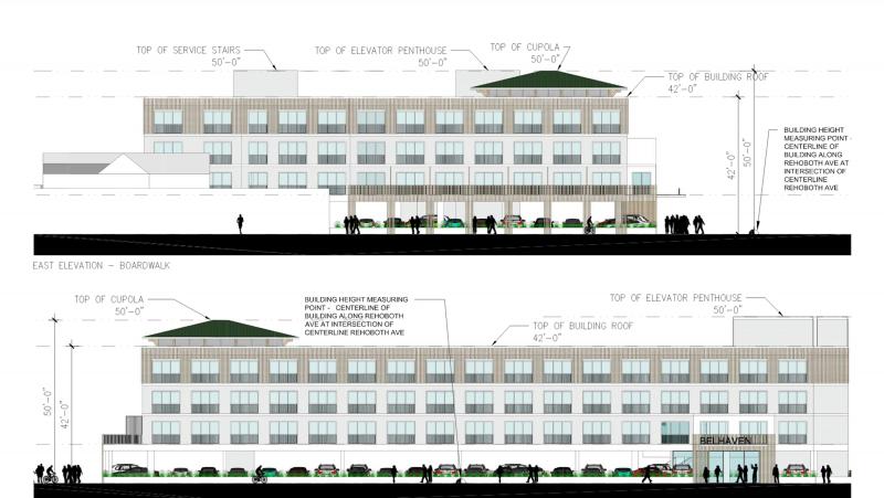 The redesign of the Belhaven Hotel comes in under Rehoboth’s FAR and height restrictions, but to do so there’s a ground-level parking garage and no retail space. SUBMITTED ARTWORK